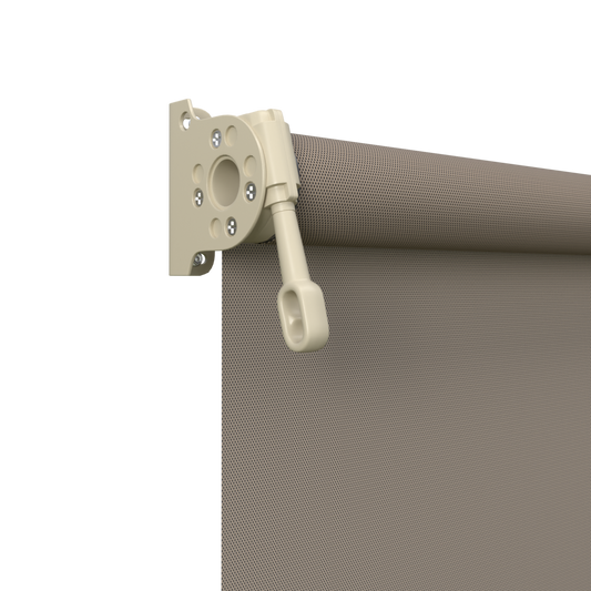 Crank Outdoor Blind - Caramel Fabric with Paperbark Brackets