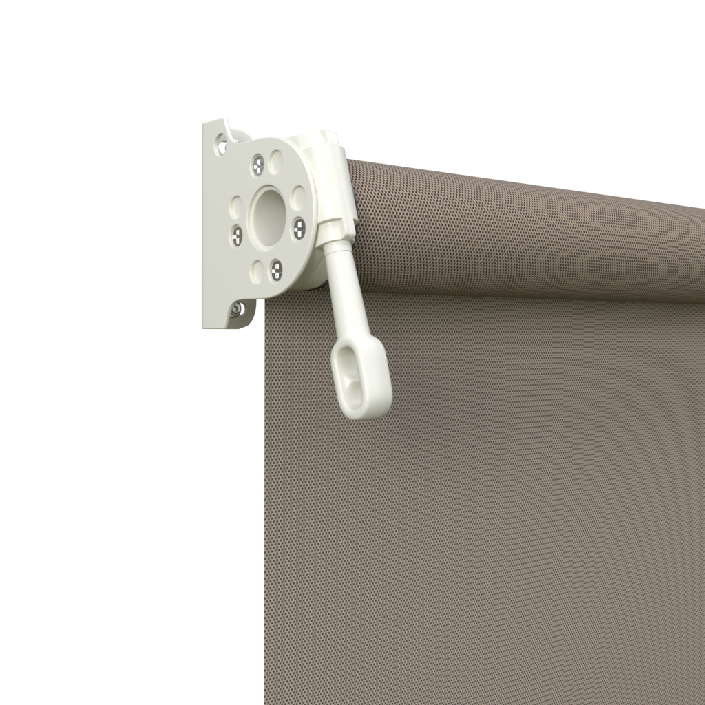 Crank Outdoor Blind - Caramel Fabric with Surfmist Brackets
