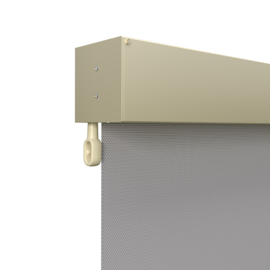 Crank Outdoor Blind - Grey Fabric with Classic Cream Fully Enclosed Pelmet