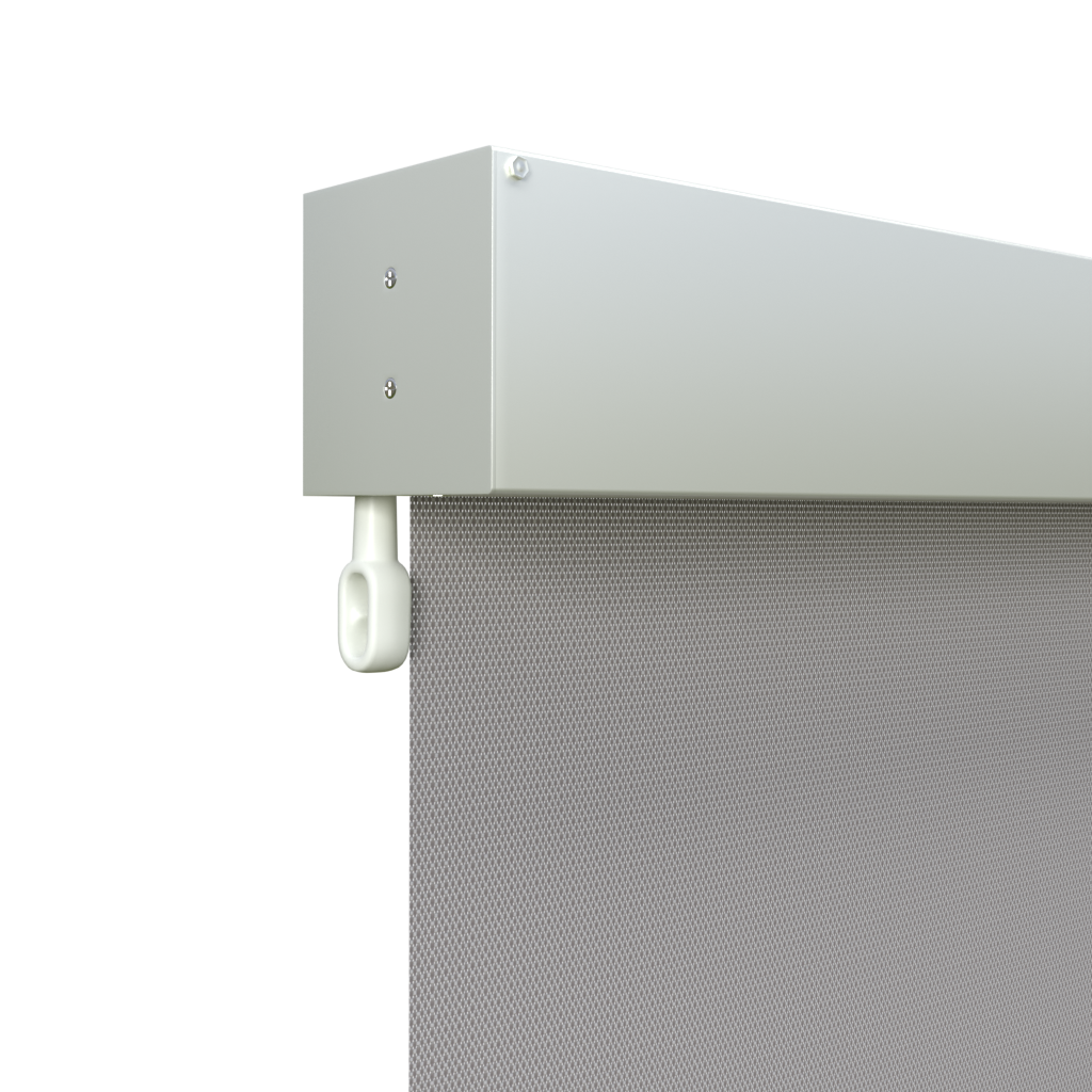 Crank Outdoor Blind - Grey Fabric with Dover White Fully Enclosed Pelmet
