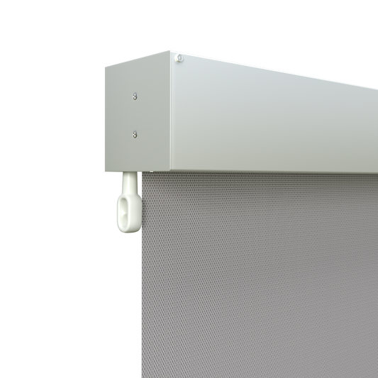 Crank Outdoor Blind - Grey Fabric with Dover White Fully Enclosed Pelmet