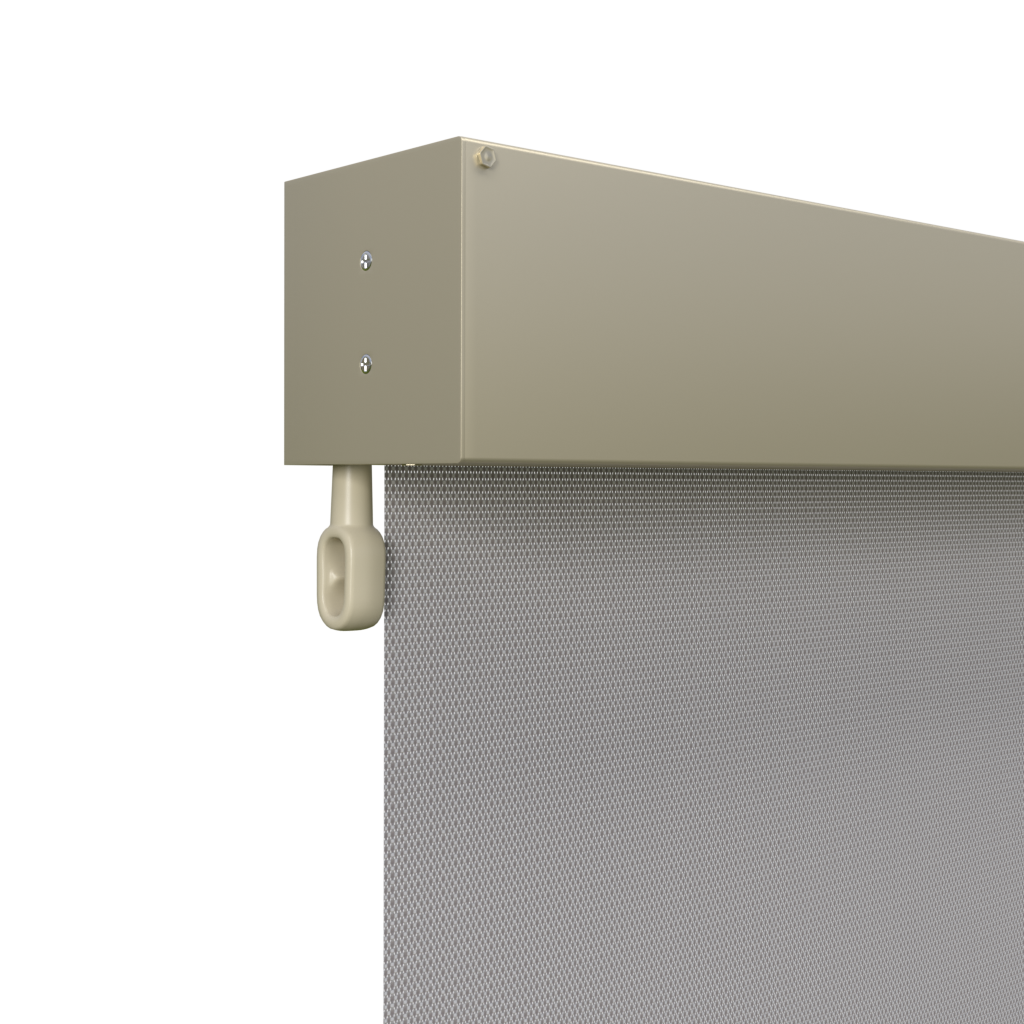 Crank Outdoor Blind - Grey Fabric with Paperbark Fully Enclosed Pelmet