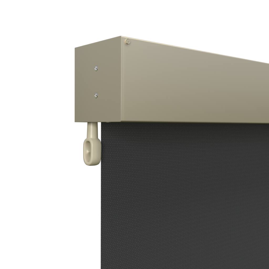 Crank Outdoor Blind - Black Fabric with Paperbark Fully Enclosed Pelmet