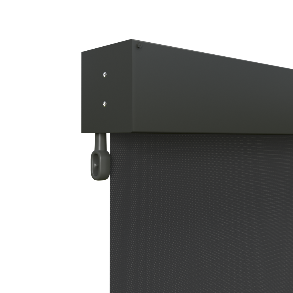 Crank Outdoor Blind - Black Fabric with Woodland Grey Fully Enclosed Pelmet