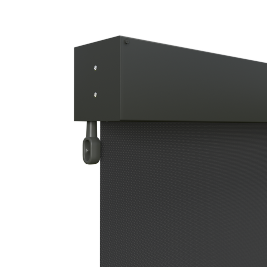 Crank Outdoor Blind - Black Fabric with Woodland Grey Fully Enclosed Pelmet