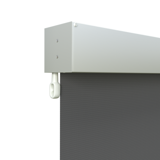 Crank Outdoor Blind - Charcoal Fabric with Dover White Fully Enclosed Pelmet