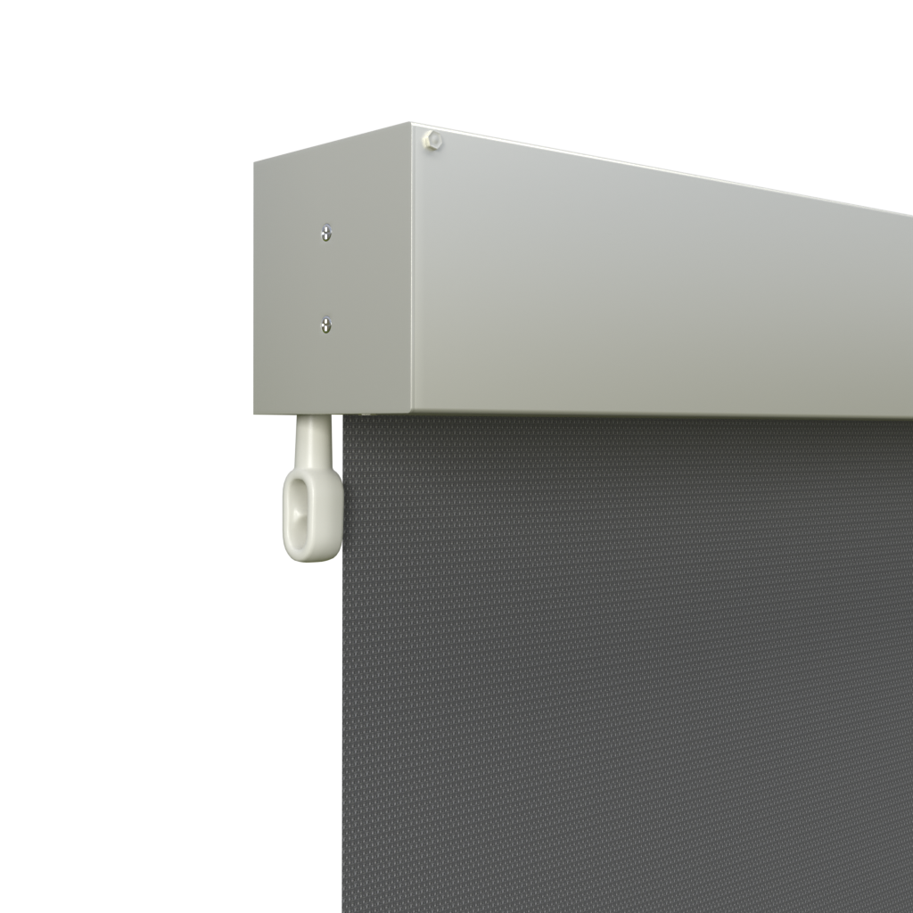 Crank Outdoor Blind - Charcoal Fabric with Surfmist Fully Enclosed Pelmet
