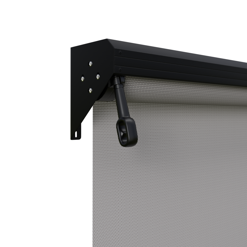 Crank Outdoor Blind - Grey Fabric with Nightsky Black Semi-Enclosed Pelmet