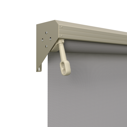 Crank Outdoor Blind - Grey Fabric with Paperbark Semi-Enclosed Pelmet