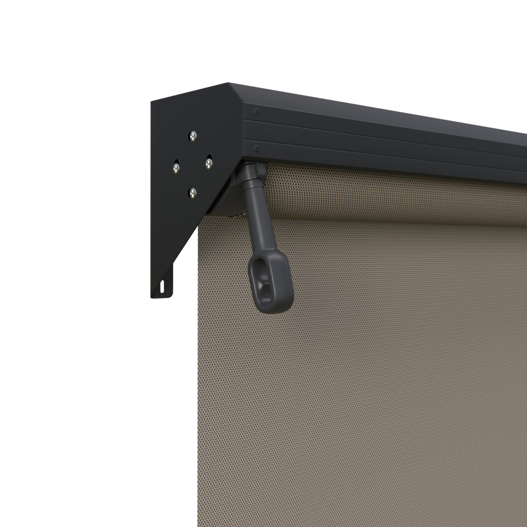 Crank Outdoor Blind - Caramel Fabric with Monument Semi-Enclosed Pelmet