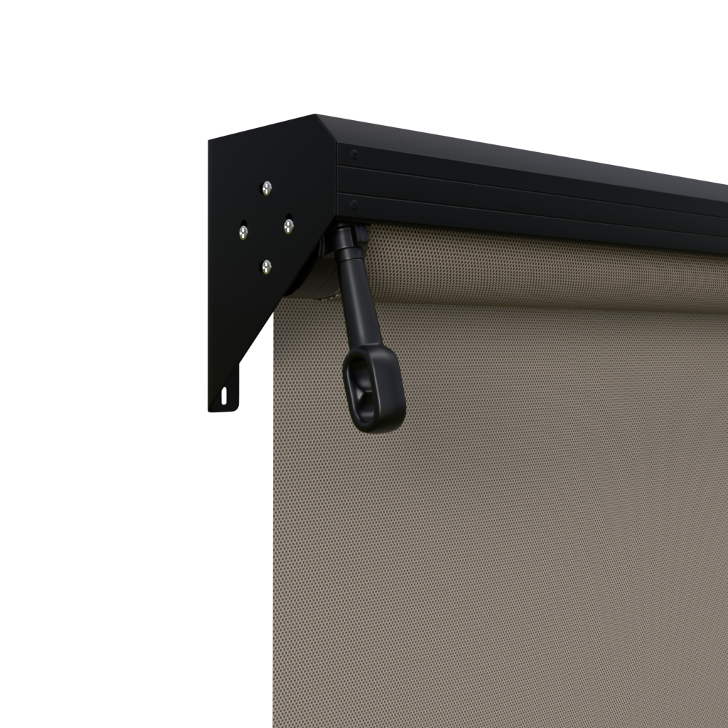 Crank Outdoor Blind - Caramel Fabric with Nightsky Black Semi-Enclosed Pelmet