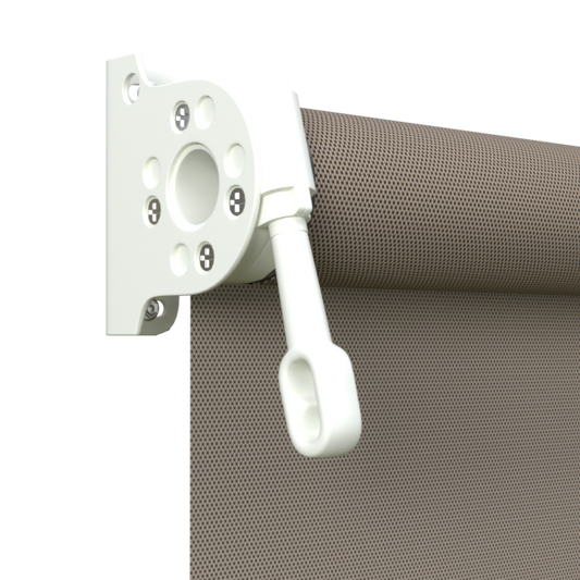 Crank Outdoor Blind - Caramel Fabric with Dover White Brackets