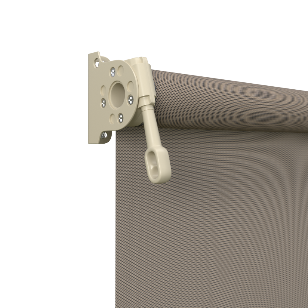 Crank Outdoor Blind - Caramel Fabric with Paperbark Brackets