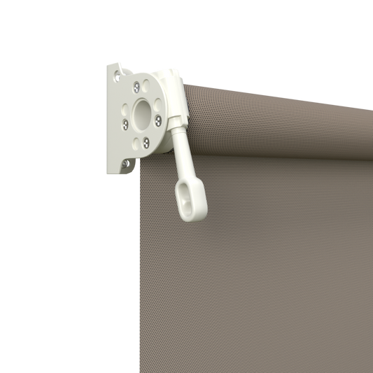 Crank Outdoor Blind - Caramel Fabric with Surfmist Brackets