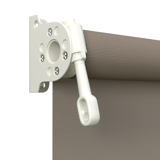 Crank Outdoor Blind - Caramel Fabric with Surfmist Brackets