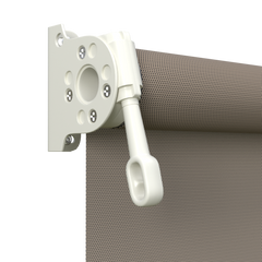 Crank Outdoor Blind - Caramel Fabric with Surfmist Brackets