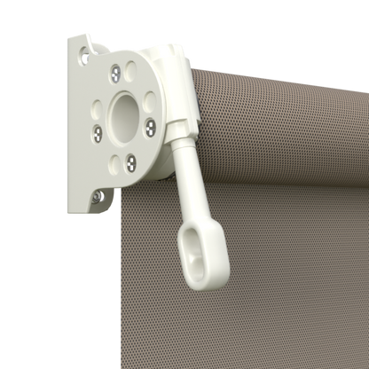 Crank Outdoor Blind - Caramel Fabric with Surfmist Brackets
