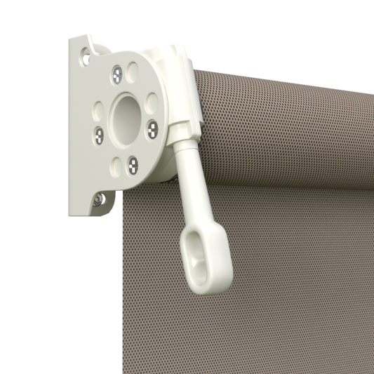 Crank Outdoor Blind - Caramel Fabric with Surfmist Brackets