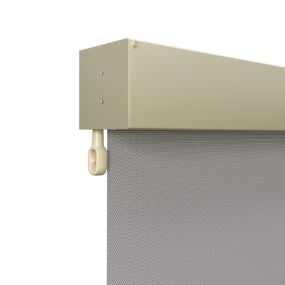 Crank Outdoor Blind - Grey Fabric with Classic Cream Fully Enclosed Pelmet