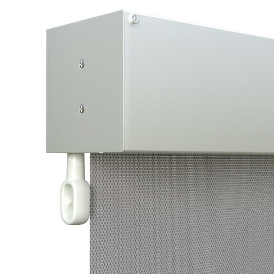 Crank Outdoor Blind - Grey Fabric with Dover White Fully Enclosed Pelmet