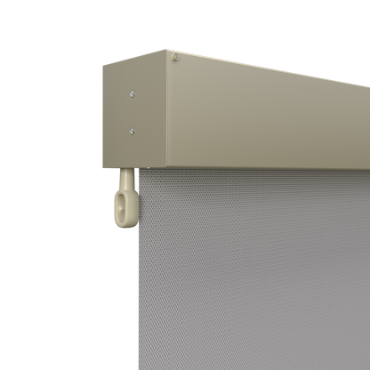 Crank Outdoor Blind - Grey Fabric with Paperbark Fully Enclosed Pelmet