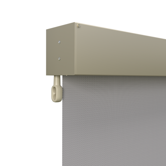 Crank Outdoor Blind - Grey Fabric with Paperbark Fully Enclosed Pelmet