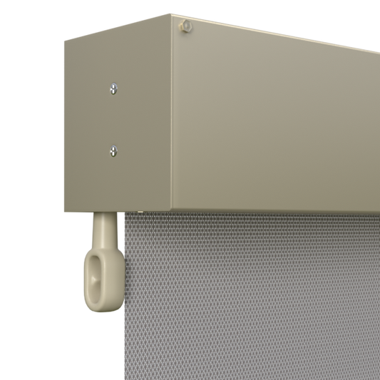 Crank Outdoor Blind - Grey Fabric with Paperbark Fully Enclosed Pelmet