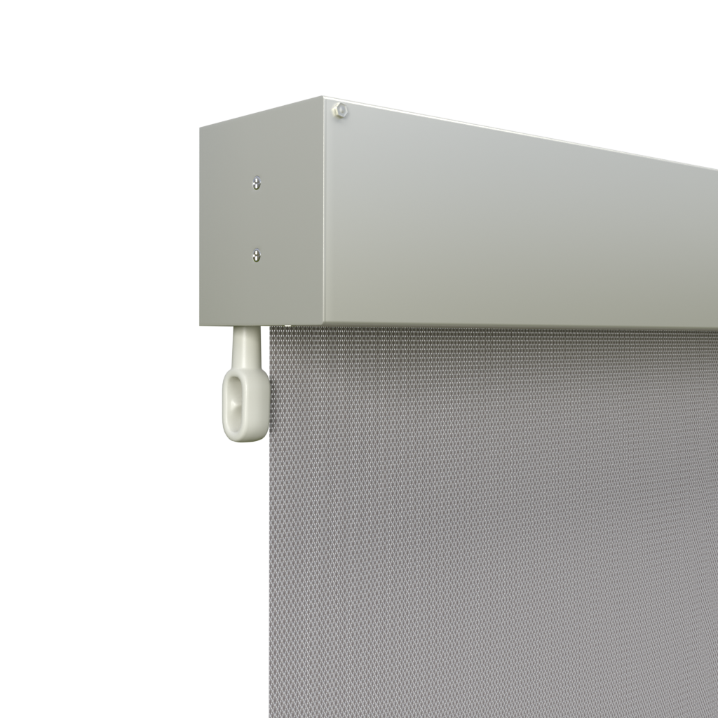 Crank Outdoor Blind - Grey Fabric with Surfmist Fully Enclosed Pelmet