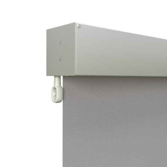 Crank Outdoor Blind - Grey Fabric with Surfmist Fully Enclosed Pelmet