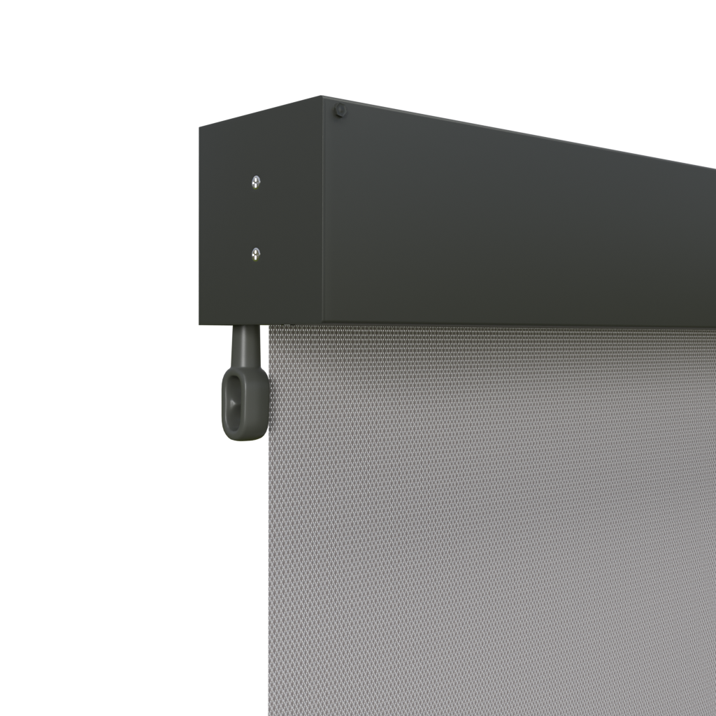 Crank Outdoor Blind - Grey Fabric with Woodland Grey Fully Enclosed Pelmet