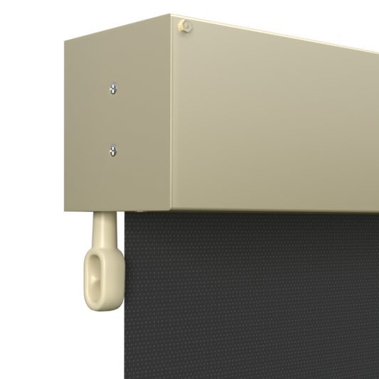 Crank Outdoor Blind - Black Fabric with Classic Cream Fully Enclosed Pelmet