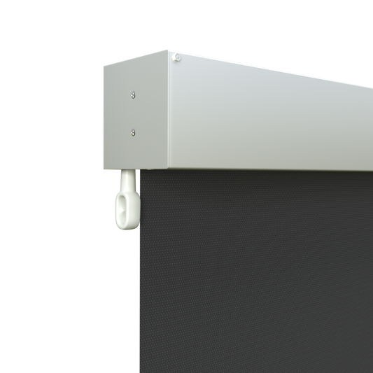 Crank Outdoor Blind - Black Fabric with Dover White Fully Enclosed Pelmet