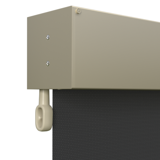 Crank Outdoor Blind - Black Fabric with Paperbark Fully Enclosed Pelmet