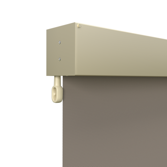 Crank Outdoor Blind - Caramel Fabric with Classic Cream Fully Enclosed Pelmet