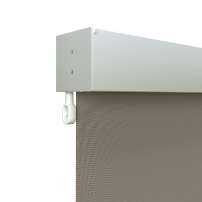 Crank Outdoor Blind - Caramel Fabric with Dover White Fully Enclosed Pelmet