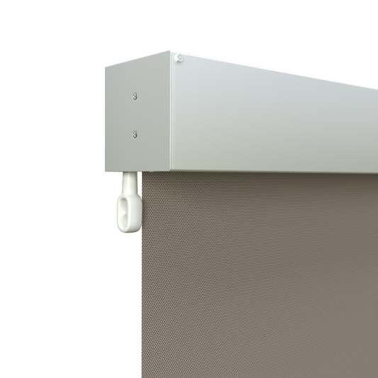 Crank Outdoor Blind - Caramel Fabric with Dover White Fully Enclosed Pelmet