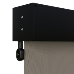 Crank Outdoor Blind - Caramel Fabric with Nightsky Black Fully Enclosed Pelmet