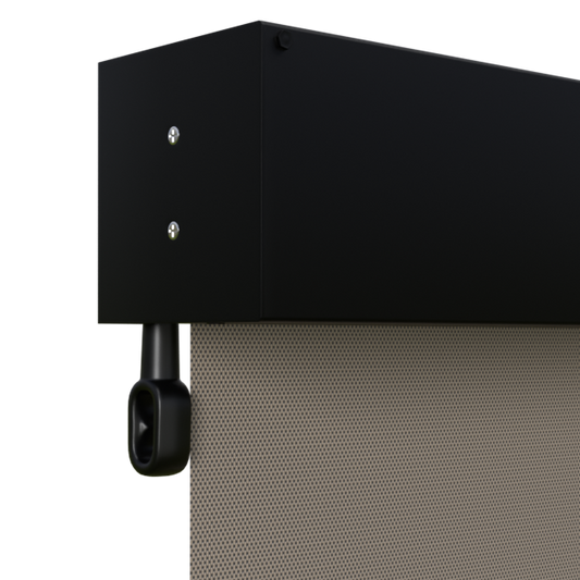 Crank Outdoor Blind - Caramel Fabric with Nightsky Black Fully Enclosed Pelmet