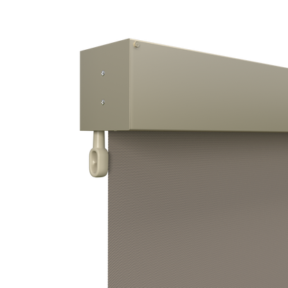 Crank Outdoor Blind - Caramel Fabric with Paperbark Fully Enclosed Pelmet