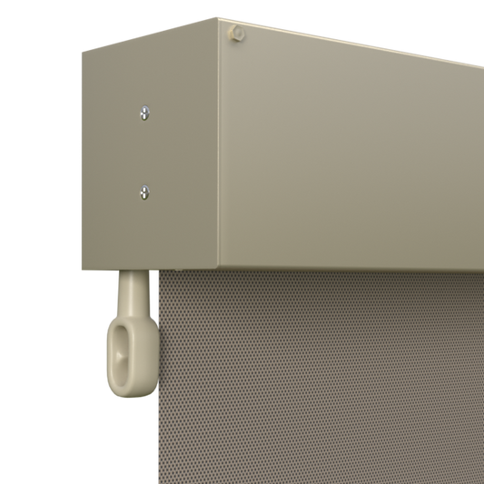 Crank Outdoor Blind - Caramel Fabric with Paperbark Fully Enclosed Pelmet