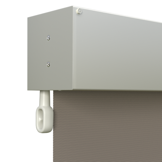 Crank Outdoor Blind - Caramel Fabric with Surfmist Fully Enclosed Pelmet