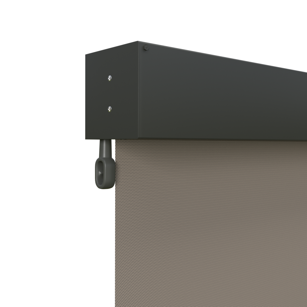 Crank Outdoor Blind - Caramel Fabric with Woodland Grey Fully Enclosed Pelmet