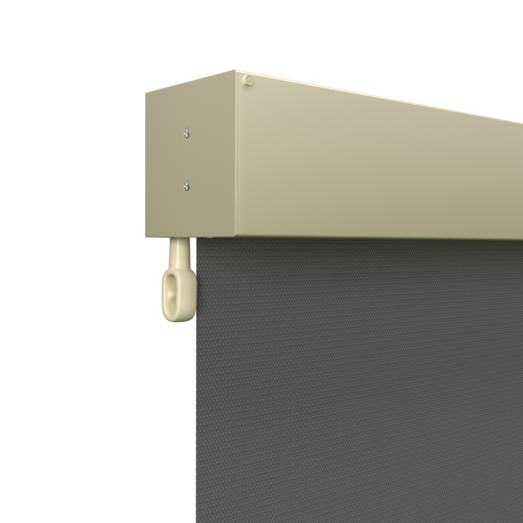 Crank Outdoor Blind - Charcoal Fabric with Classic Cream Fully Enclosed Pelmet