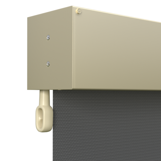 Crank Outdoor Blind - Charcoal Fabric with Classic Cream Fully Enclosed Pelmet
