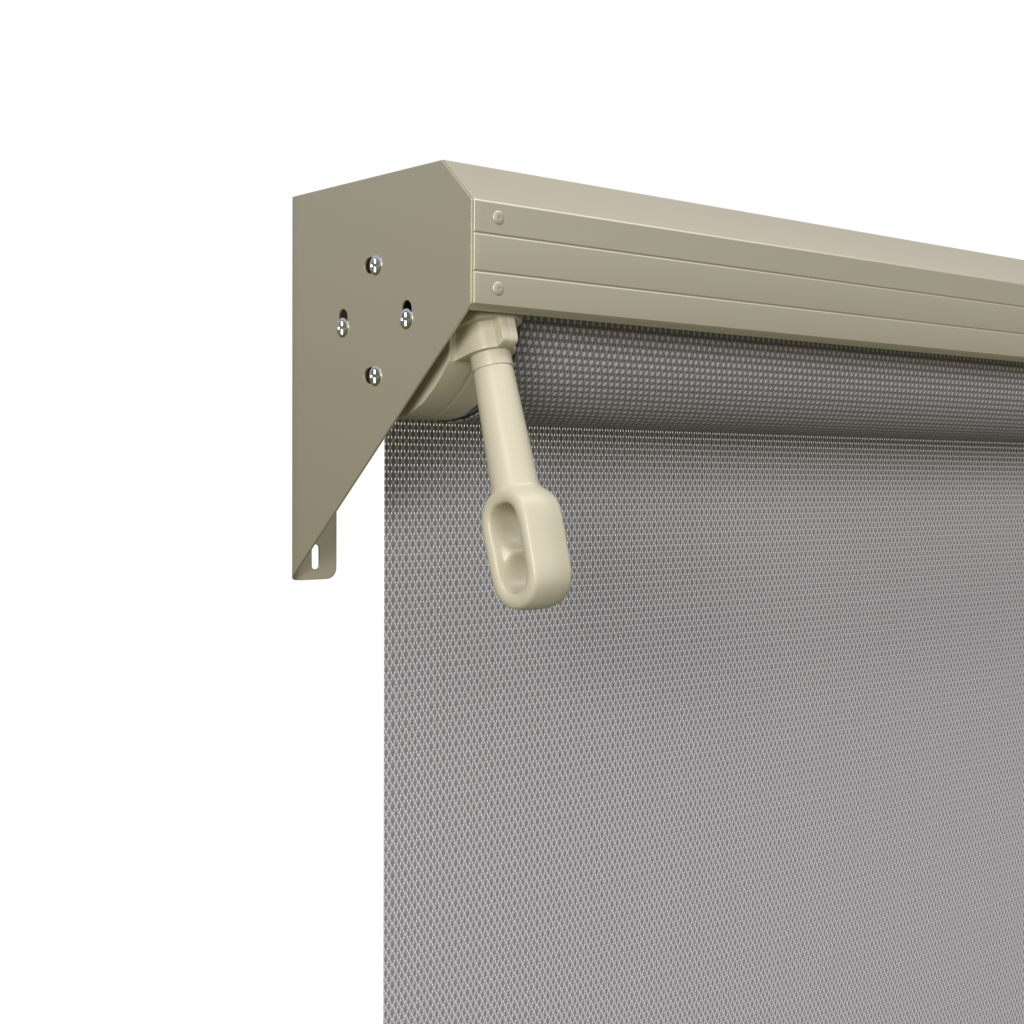 Crank Outdoor Blind - Grey Fabric with Paperbark Semi-Enclosed Pelmet
