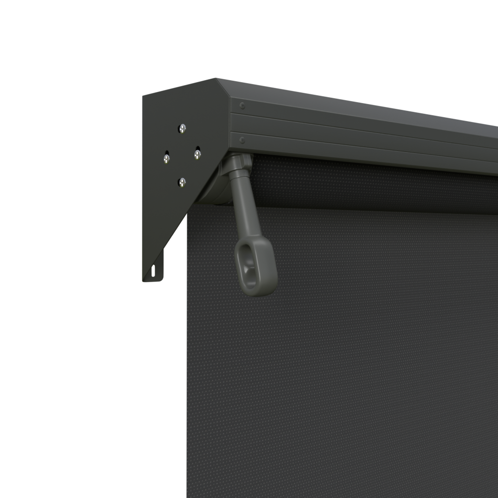 Crank Outdoor Blind - Black Fabric with Woodland Grey Semi-Enclosed Pelmet