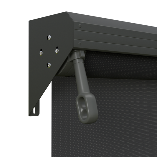 Crank Outdoor Blind - Black Fabric with Woodland Grey Semi-Enclosed Pelmet