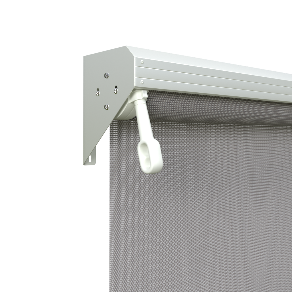 Crank Outdoor Blind - Grey Fabric with Dover White Semi-Enclosed Pelmet