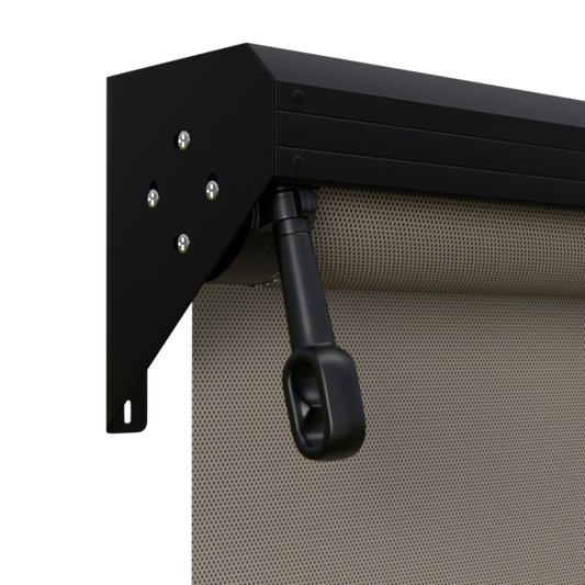 Crank Outdoor Blind - Caramel Fabric with Nightsky Black Semi-Enclosed Pelmet