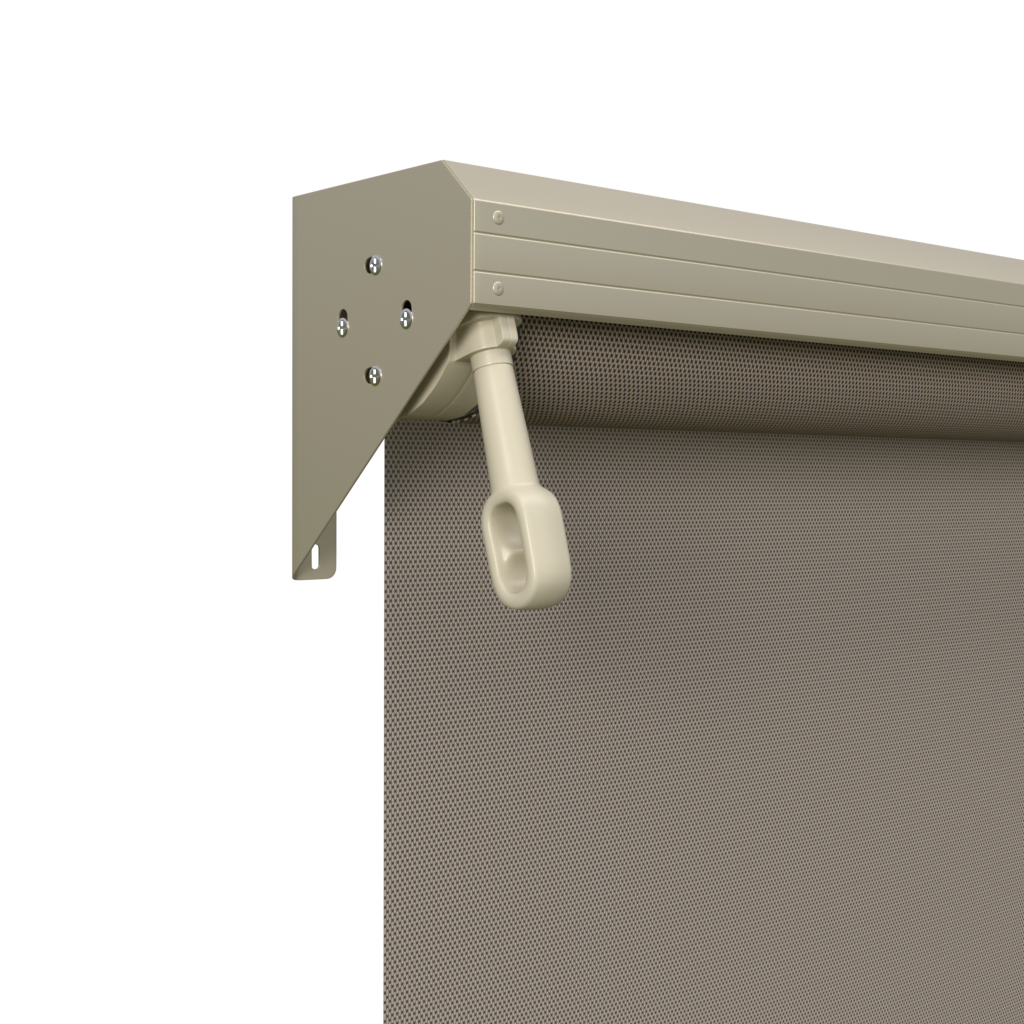 Crank Outdoor Blind - Caramel Fabric with Paperbark Semi-Enclosed Pelmet